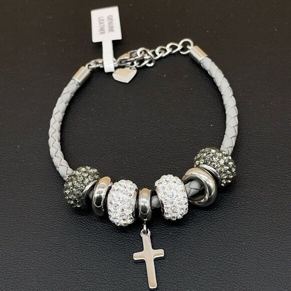 Gray Leather Bracelet Crystal Beads Stainless Steel Cross Polished Spacers 7.5 - Picture 7 of 7